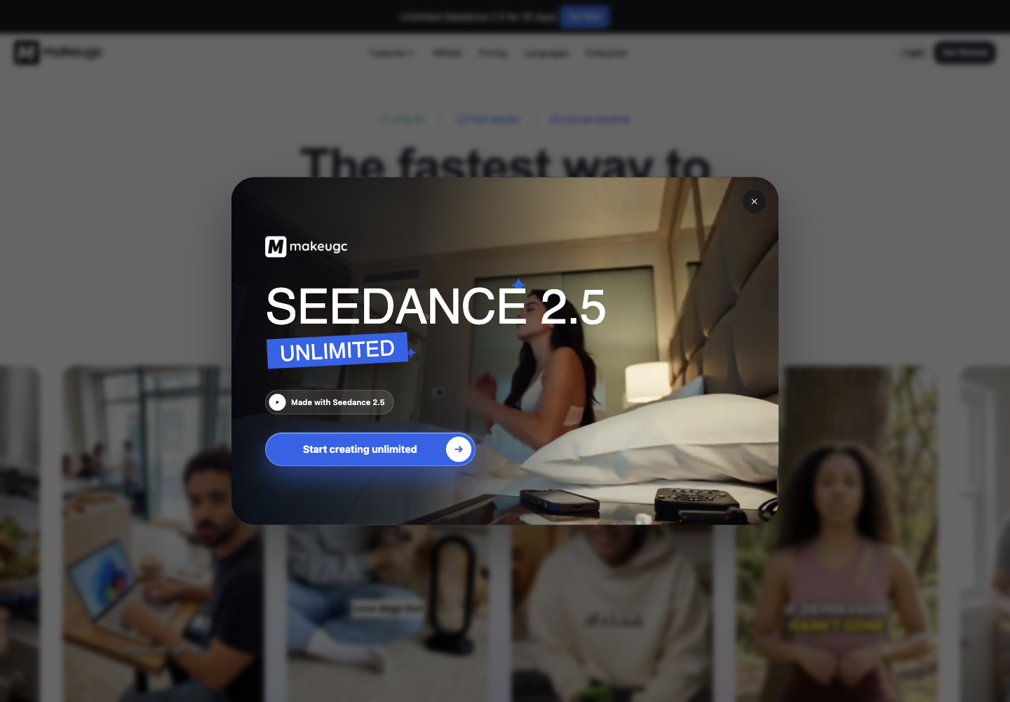 MakeUGC landing page screenshot showing AI UGC ad creation positioning
